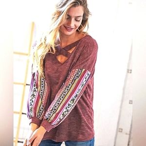 Crisscross Burgundy Thermal Blouse Tribal Bubble Sleeve